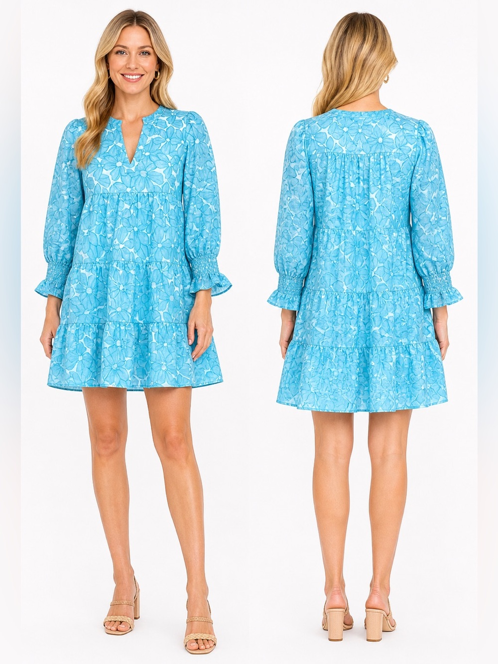 Pomander place blue Daisy Kenzie Jacquard tiered dress smock sleeve babydoll